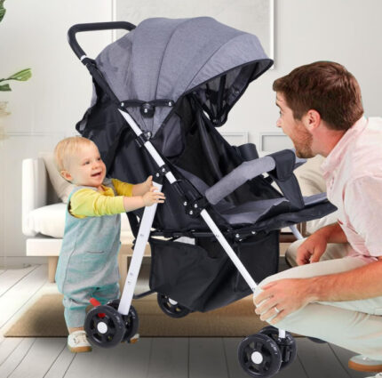 Lightweight Foldable Baby Stroller – Travel Pram with Reclining Seat, Grey